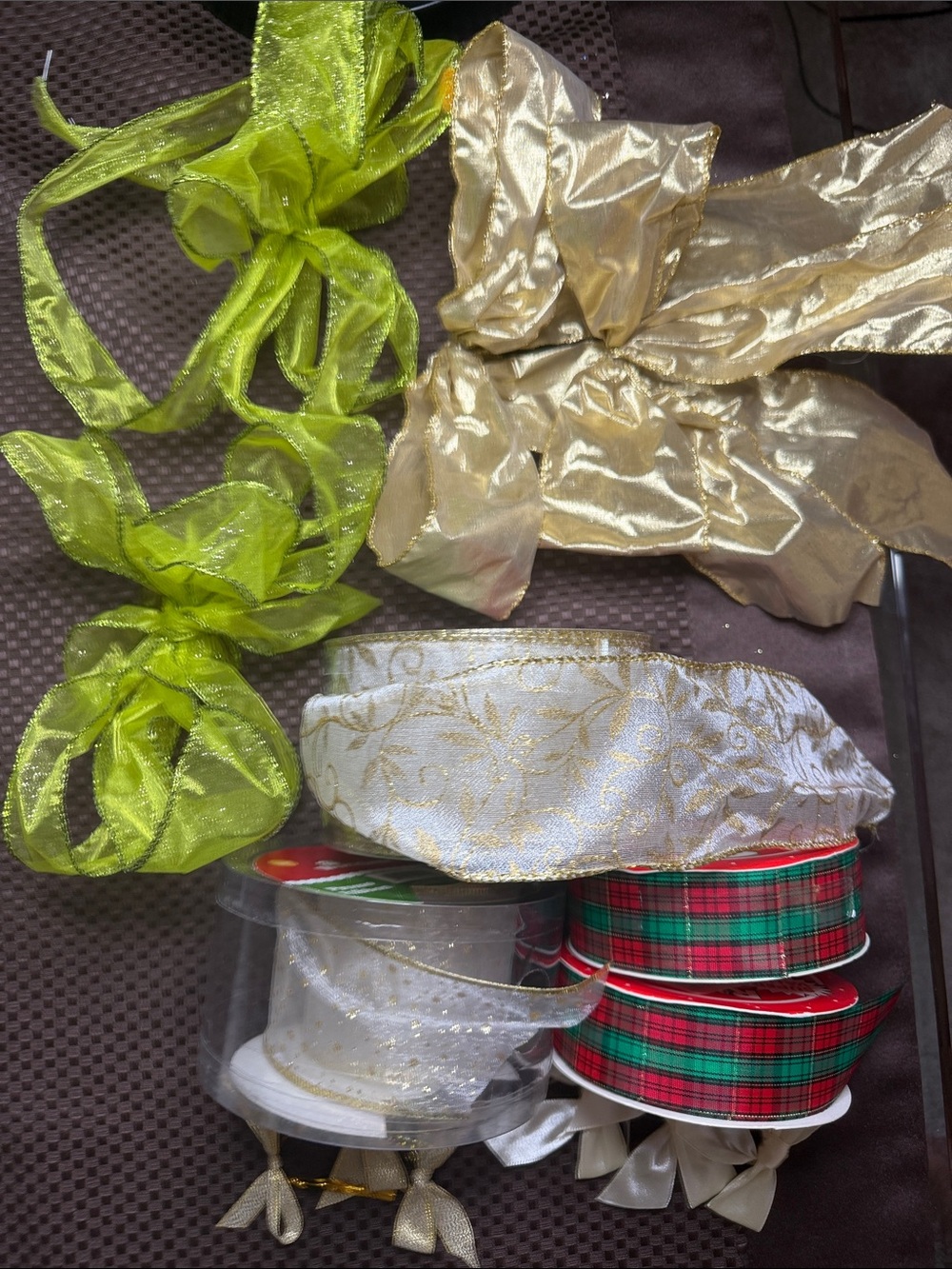 Lot of Decorative Holiday Ribbon Bundle in Green, Gold, White & Red Plaid